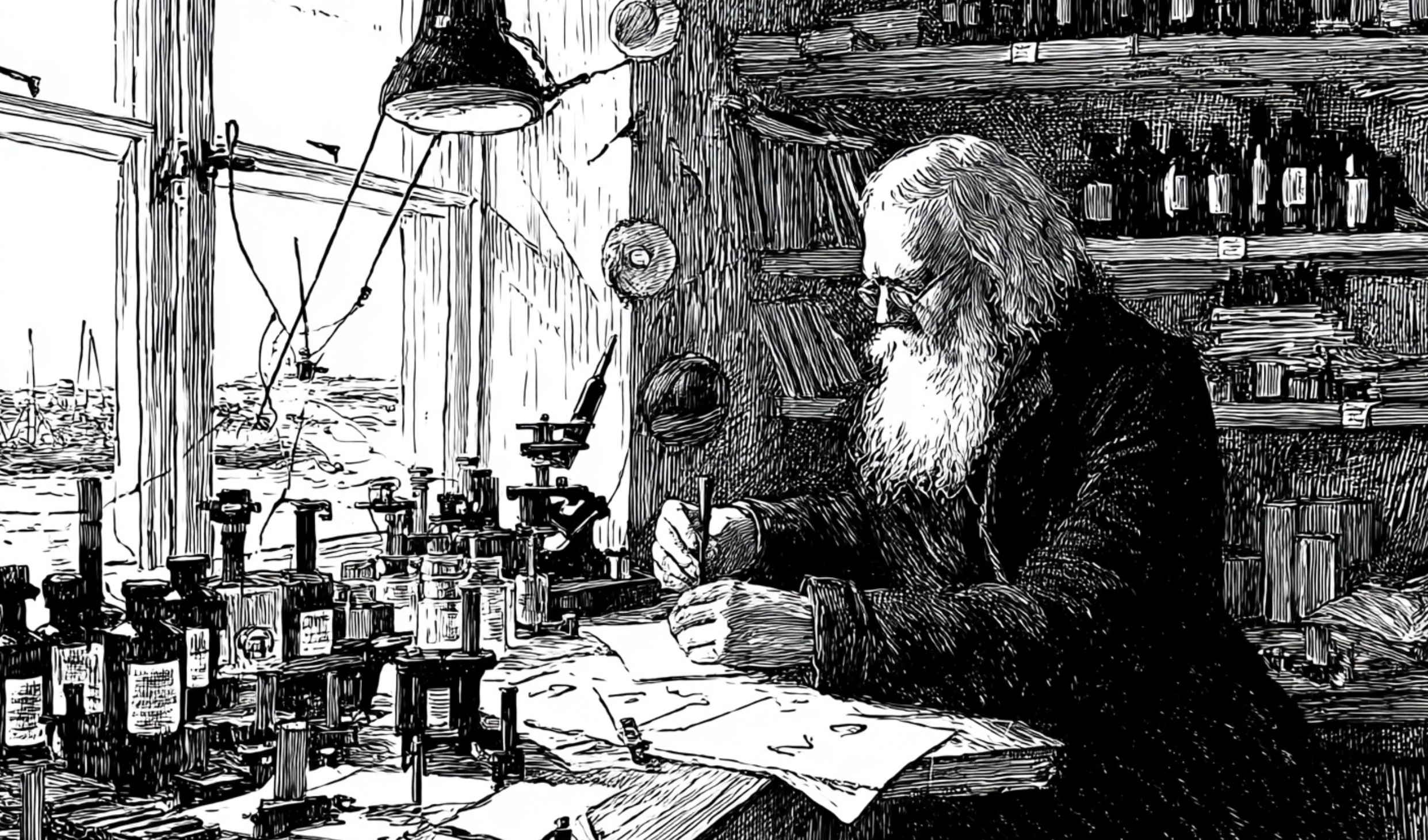 Mendeleev (1834-1907) imagined at work on the periodic table.